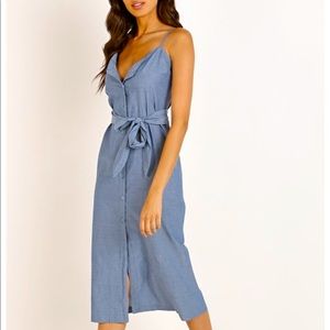 LACAUSA xAnthropologie Chambay Bluebell Spaghetti Strap Belted Button Down Dress